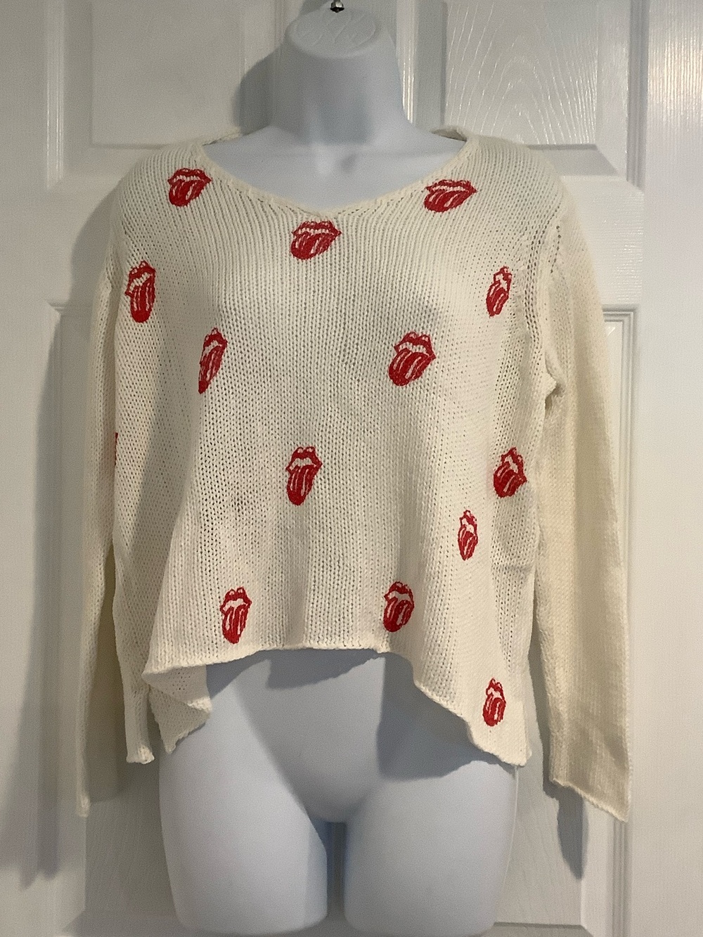 WOODEN SHIPS Off White Rolling Stones Lips Loose Knit Boxy Fit Fall Sweater S